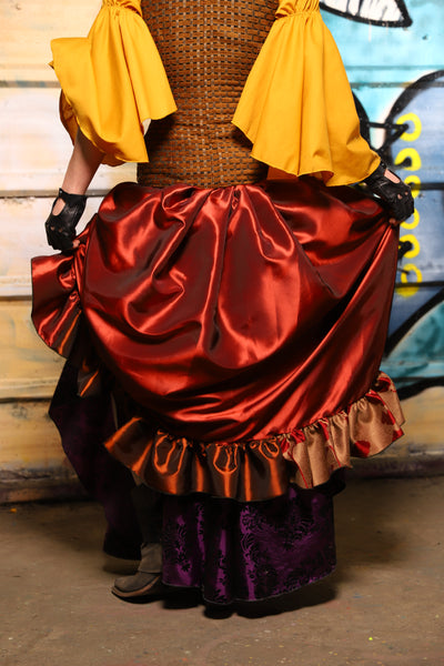 27. Swoon Skirt w/patchwork ruffle in Coral Fire Shantung - The Bucc Stops Here! Collection
