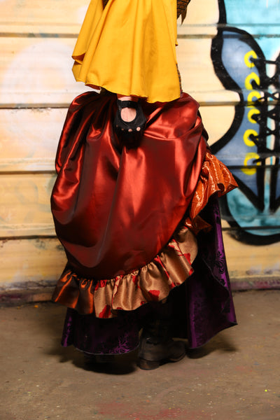 27. Swoon Skirt w/patchwork ruffle in Coral Fire Shantung - The Bucc Stops Here! Collection