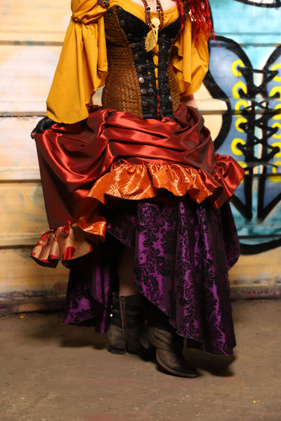 27. Swoon Skirt w/patchwork ruffle in Coral Fire Shantung - The Bucc Stops Here! Collection