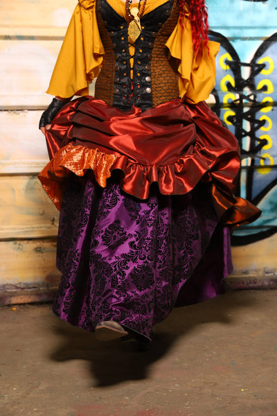 27. Swoon Skirt w/patchwork ruffle in Coral Fire Shantung - The Bucc Stops Here! Collection