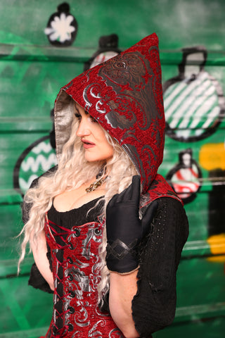 Detachable Hood in Crimson & Silver Medallion - The "Belsnickel's Beauty" Collection