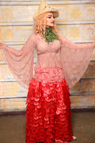 Emma Blouse in w/ Goddess Sleeves in Soft Pink Lace - The "Peony Petals" Collection