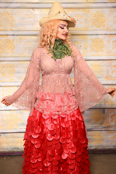 Emma Blouse in w/ Goddess Sleeves in Soft Pink Lace - The "Peony Petals" Collection