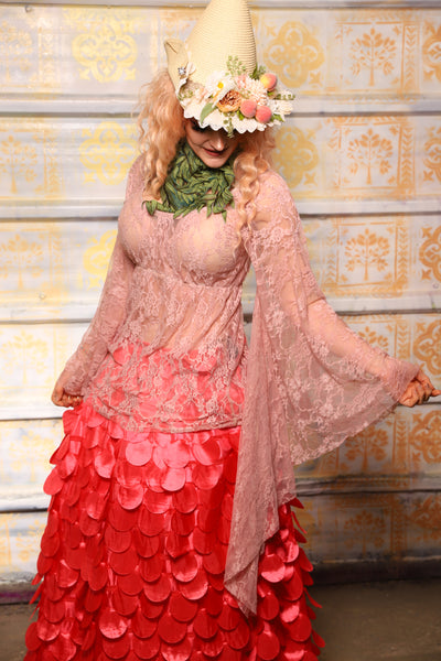 Emma Blouse in w/ Goddess Sleeves in Soft Pink Lace - The "Peony Petals" Collection