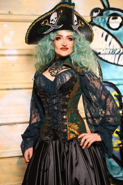 05. Buccaneer Overbust Corset in Emerald & Gold Grand Medallion - The Bucc Stops Here! Collection