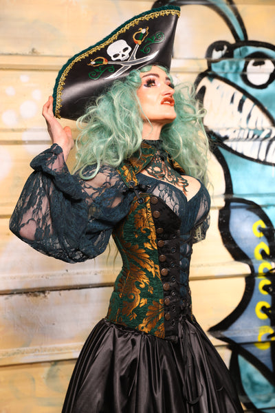 05. Buccaneer Overbust Corset in Emerald & Gold Grand Medallion - The Bucc Stops Here! Collection