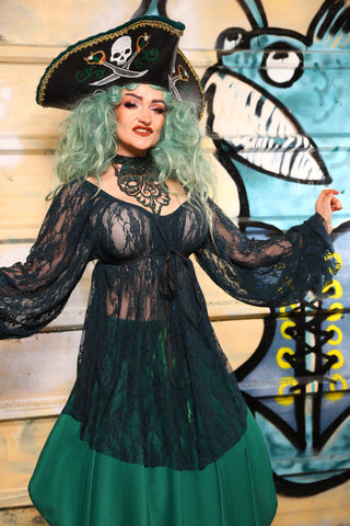 11. Classic Blouse w/Long Sleeves in Dark Teal Lace - The Bucc Stops Here! Collection