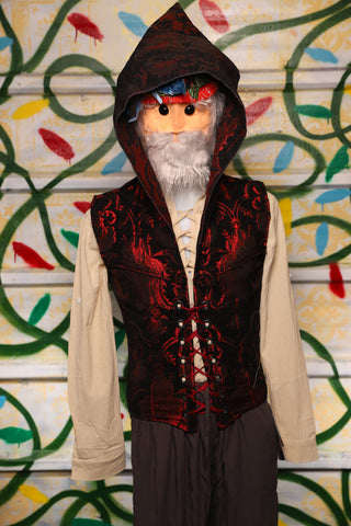 Men's Hooded Flynn Vest in Black & Crimson Medallion - "Crows & Cardinal Collection"