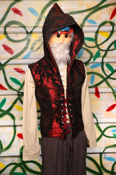 Men's Hooded Flynn Vest in Black & Crimson Medallion - "Crows & Cardinal Collection"