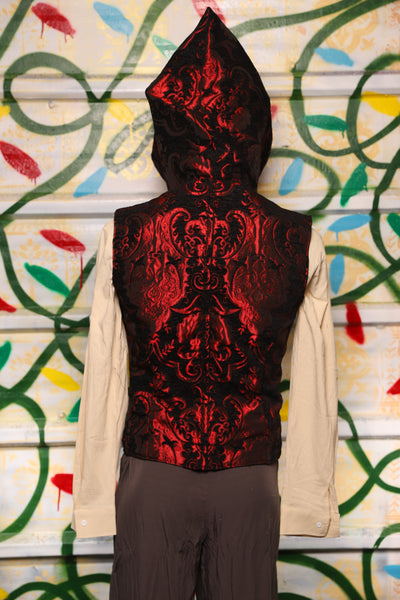 Men's Hooded Flynn Vest in Black & Crimson Medallion - "Crows & Cardinal Collection"