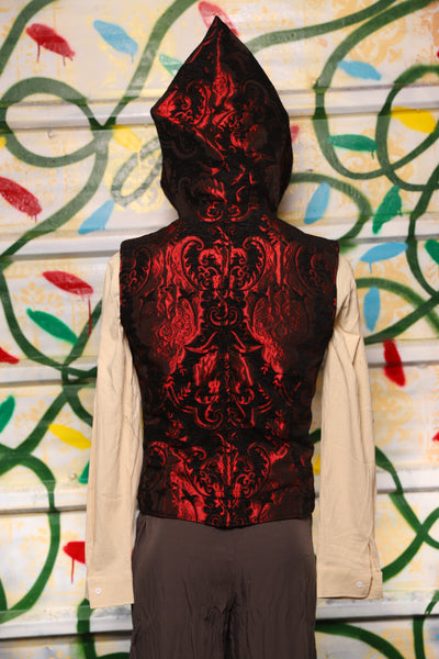 Men's Hooded Flynn Vest in Black & Crimson Medallion - "Crows & Cardinal Collection"