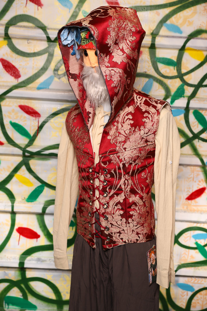 Men's Hooded Flynn Vest in Cranberry Damask - "Crows & Cardinal Collection"