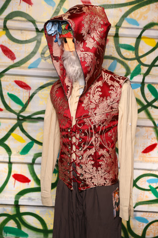 Men's Hooded Flynn Vest in Cranberry Damask - "Crows & Cardinal Collection"