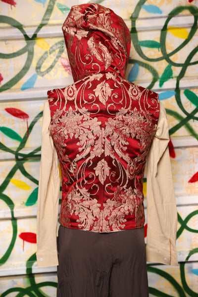 Men's Hooded Flynn Vest in Cranberry Damask - "Crows & Cardinal Collection"