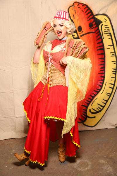 Crescent Skirt in Red Satin w/Mustard Ric Rac Trim - Damsel BBQ