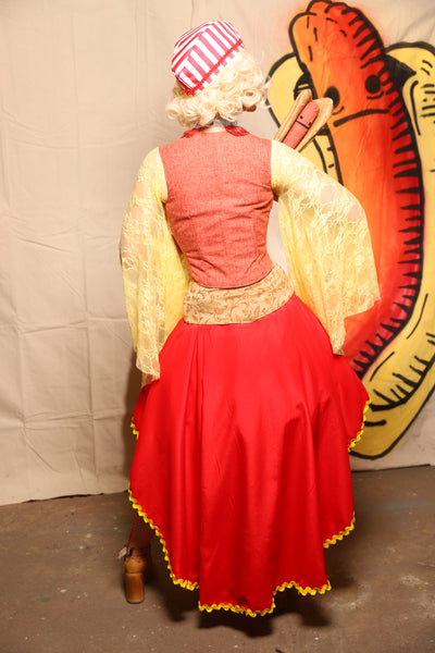 Crescent Skirt in Red Satin w/Mustard Ric Rac Trim - Damsel BBQ