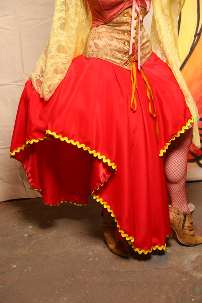 Crescent Skirt in Red Satin w/Mustard Ric Rac Trim - Damsel BBQ