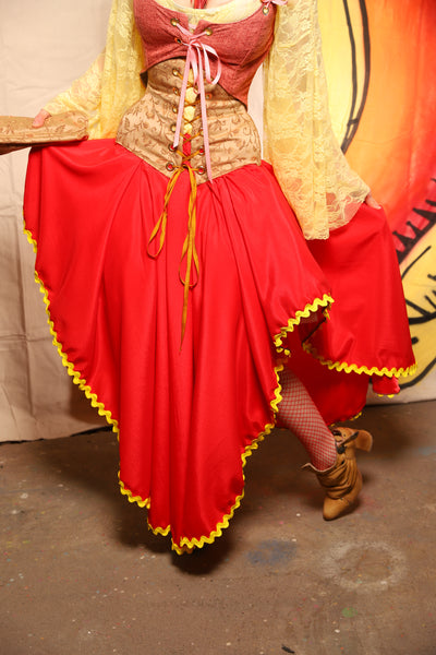 Crescent Skirt in Red Satin w/Mustard Ric Rac Trim - Damsel BBQ