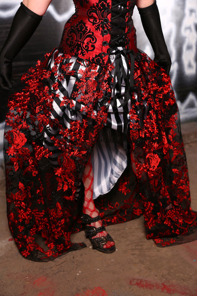 Straight Split Front Skirt or CAPE! in Sheer Black & Red Lace - The Crackerjack Surprise Collection