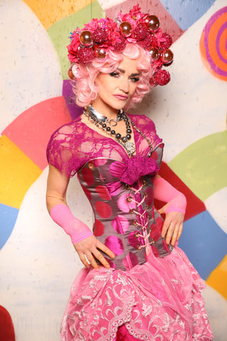 08. Crossfire Corset includes crossfire straps in Polka Party Pink - The "Confections of the Heart" Collection