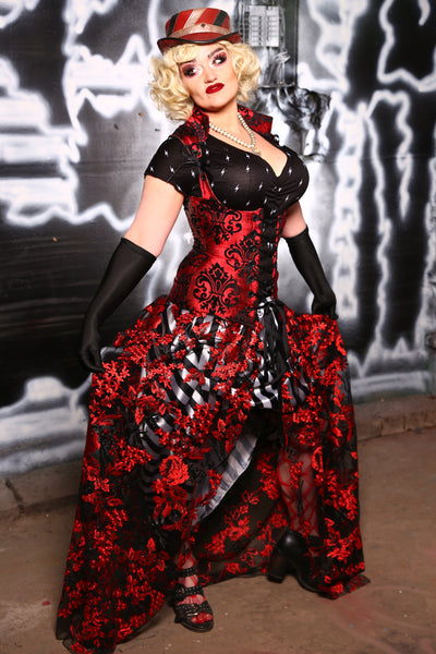Straight Split Front Skirt or CAPE! in Sheer Black & Red Lace - The Crackerjack Surprise Collection