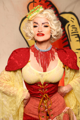 Cropped Vixen w/Detachable Pauldron Shoulders in Scarlet Damask -Damsel BBQ