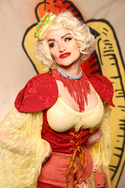 Cropped Vixen w/Detachable Pauldron Shoulders in Scarlet Damask -Damsel BBQ