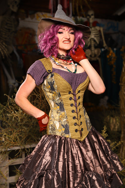 Courtier Overbust Corset in Mossy Gold Weeve w/Curious Conjurings Panels - Spooky Saturday Part 5