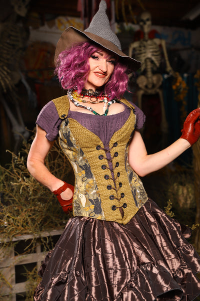 Courtier Overbust Corset in Mossy Gold Weeve w/Curious Conjurings Panels - Spooky Saturday Part 5