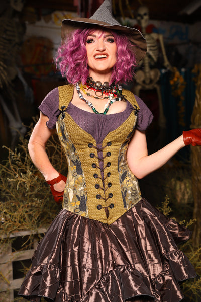Courtier Overbust Corset in Mossy Gold Weeve w/Curious Conjurings Panels - Spooky Saturday Part 5
