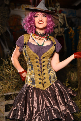 Courtier Overbust Corset in Mossy Gold Weeve w/Curious Conjurings Panels - Spooky Saturday Part 5