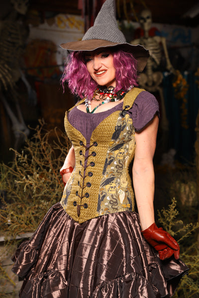 Courtier Overbust Corset in Mossy Gold Weeve w/Curious Conjurings Panels - Spooky Saturday Part 5
