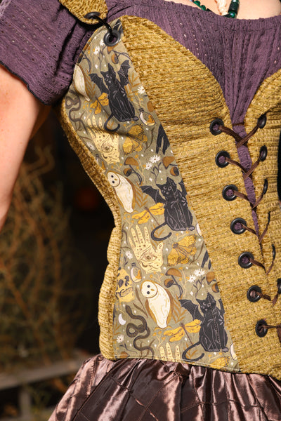 Petite Courtier Overbust Corset in Mossy Gold Weeve w/Curious Conjurings panels - Spooky Saturday Part 5