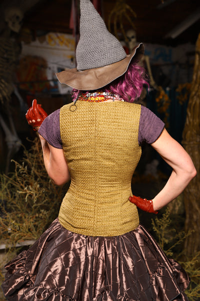 Petite Courtier Overbust Corset in Mossy Gold Weeve w/Curious Conjurings panels - Spooky Saturday Part 5