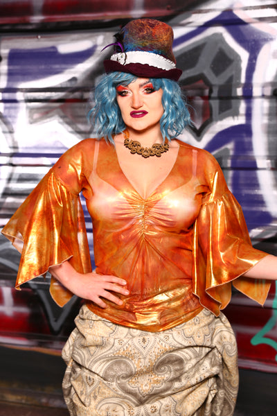 V Neck Velvet Blouse with Spiky Sleeves in Sunburst Foil Mesh *MEDIUM STRETCH - The Time Warp Collection