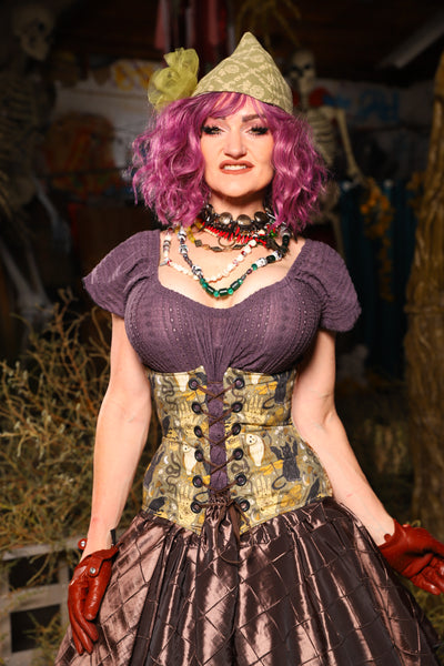 Petite Wench Underbust Corset in Weathered Parchment with Curious Conjurings panels - Spooky Saturday Part 5