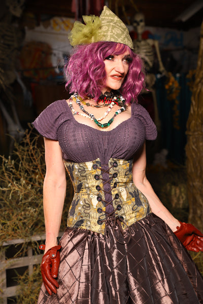 Petite Wench Underbust Corset in Weathered Parchment with Curious Conjurings panels - Spooky Saturday Part 5