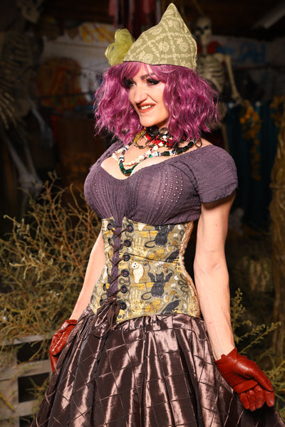 Petite Wench Underbust Corset in Weathered Parchment with Curious Conjurings panels - Spooky Saturday Part 5