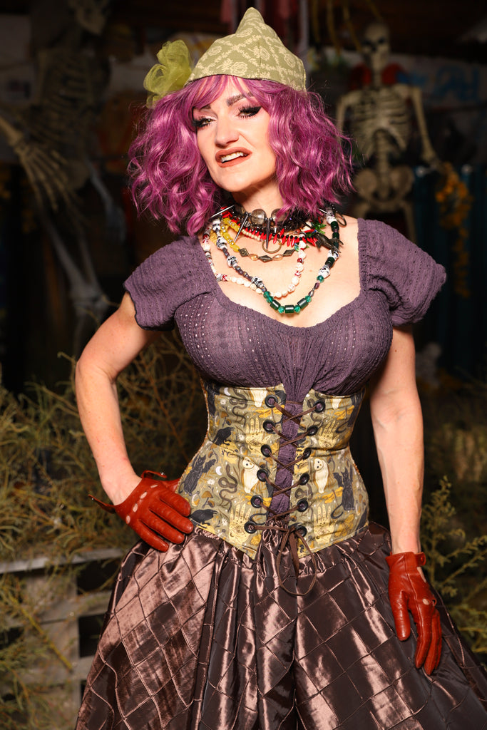 Petite Wench Underbust Corset in Weathered Parchment with Curious Conjurings panels - Spooky Saturday Part 5