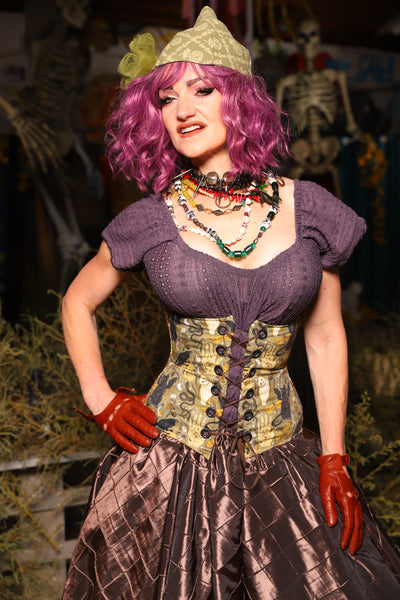 Petite Wench Underbust Corset in Weathered Parchment with Curious Conjurings panels - Spooky Saturday Part 5
