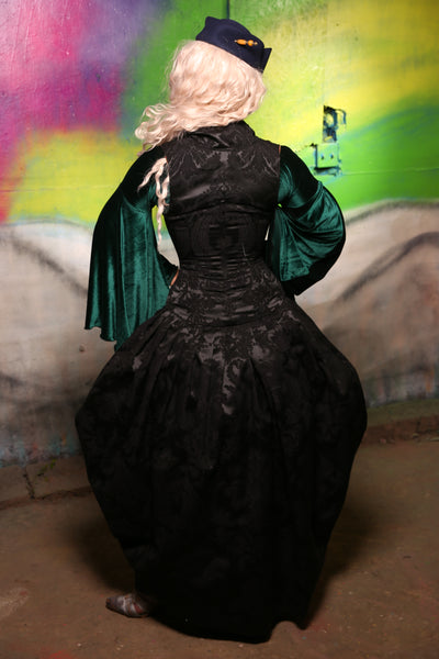 Queenie Corseted Coat with PETITE Vixen Base in Pitch Black Damask #26 -"Darken My Door" Collection