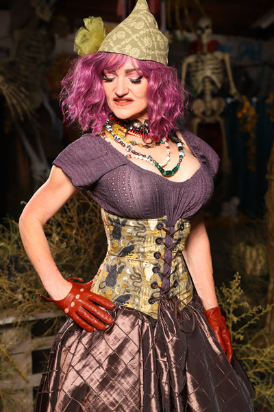 Petite Wench Underbust Corset in Weathered Parchment with Curious Conjurings panels - Spooky Saturday Part 5
