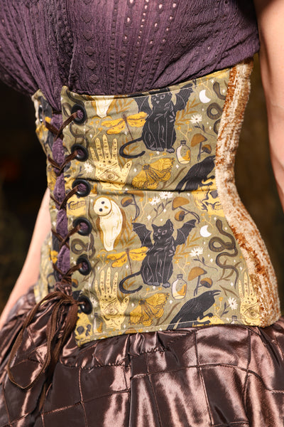 Wench Underbust Corset in Weathered Parchment with Curious Conjurings panels - Spooky Saturday Part 5