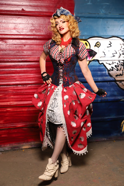 35. Split Front w/lace trim in Red Lantern Blossoms *Sewn in Skirt Hikes* - The Ameri-can-can Collection