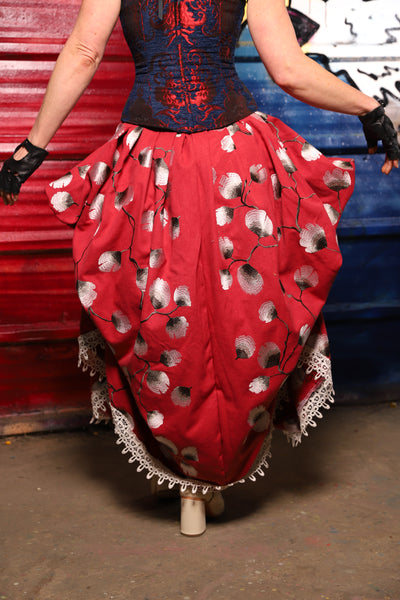35. Split Front w/lace trim in Red Lantern Blossoms *Sewn in Skirt Hikes* - The Ameri-can-can Collection