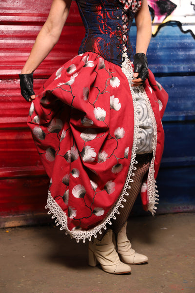 35. Split Front w/lace trim in Red Lantern Blossoms *Sewn in Skirt Hikes* - The Ameri-can-can Collection