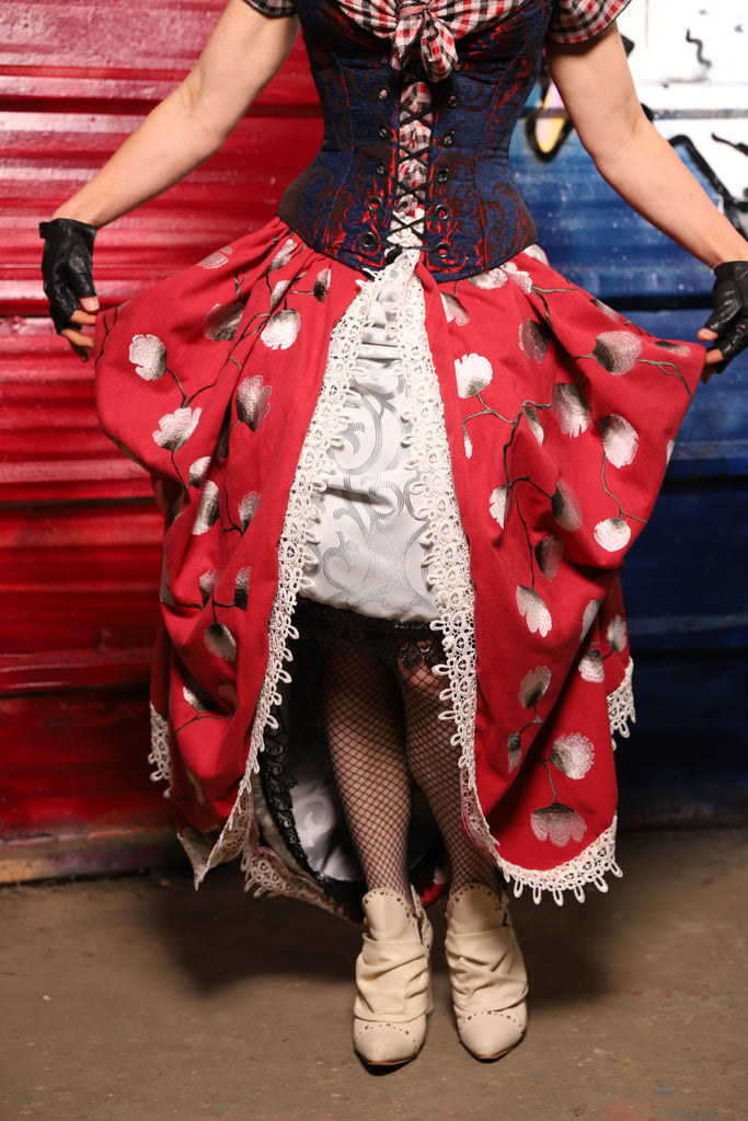 35. Split Front w/lace trim in Red Lantern Blossoms *Sewn in Skirt Hikes* - The Ameri-can-can Collection