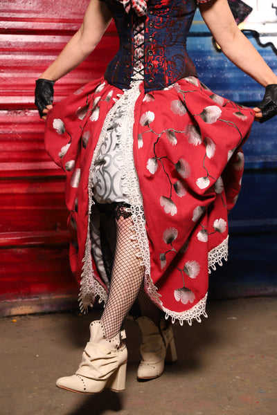35. Split Front w/lace trim in Red Lantern Blossoms *Sewn in Skirt Hikes* - The Ameri-can-can Collection