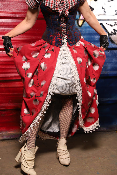 35. Split Front w/lace trim in Red Lantern Blossoms *Sewn in Skirt Hikes* - The Ameri-can-can Collection