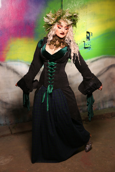 Peacock-Tailed Courtier Corset in Charcoal Upholstery #20 - "Darken My Door" Collection